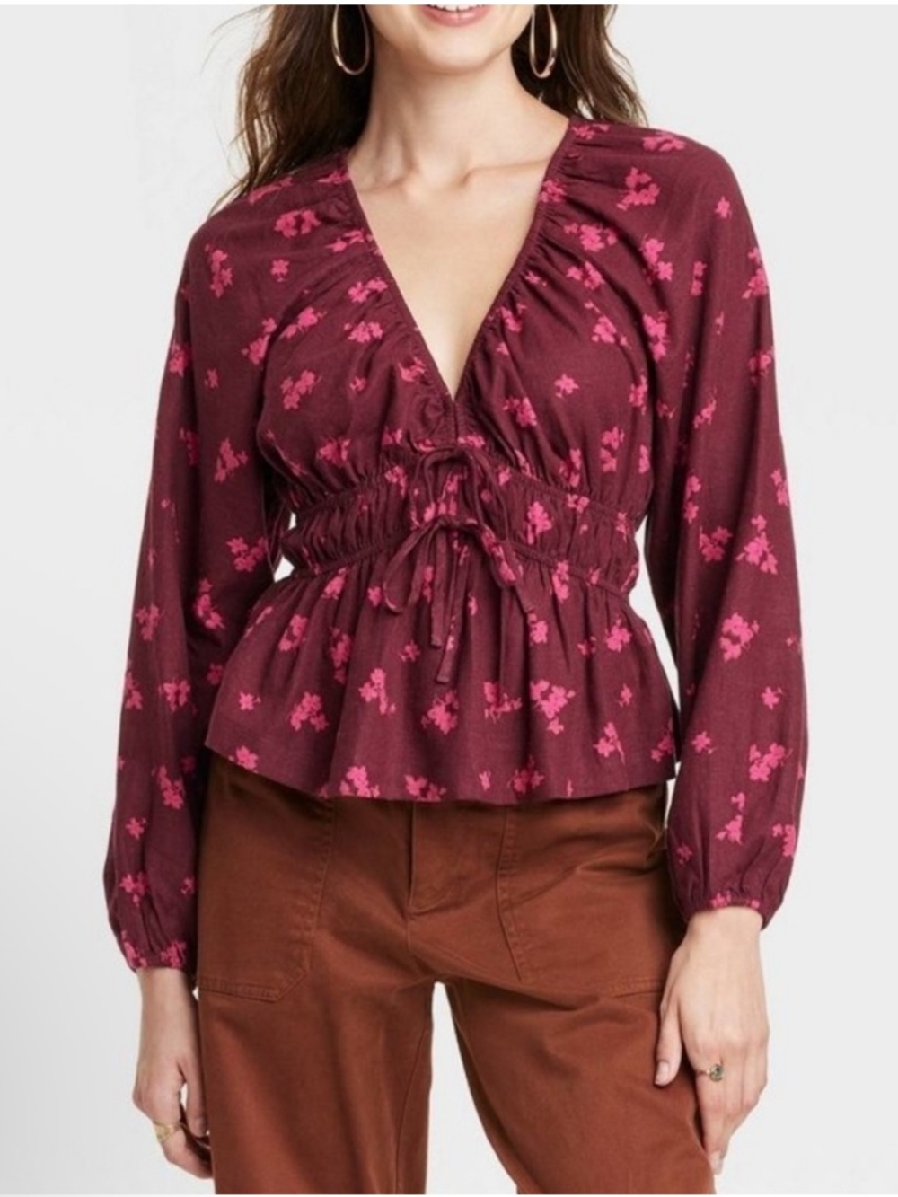 Universal Thread Burgundy Blouse with Pink Floral Print